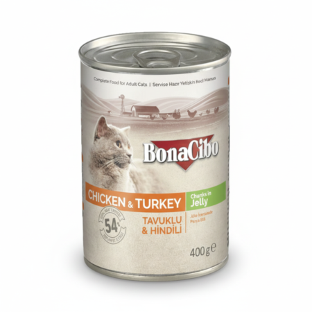 Bonacibo Adult Cat Chicken & Turkey – Chunks in Jelly 400 g Canned